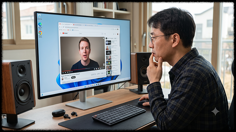 유튜브 영상에서 입모양과 소리 싱크가 맞지 않는 현상을 확인하는 모습