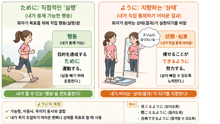 직접적인 실행인 ために와 지향하는 상태인 ように를 비교하는 그림. 왼쪽은 운동하는 여성(통제 가능한 행동), 오른쪽은 거울을 보며 살이 빠지길 바라는 여성(통제하기 어려운 결과)을 묘사함.