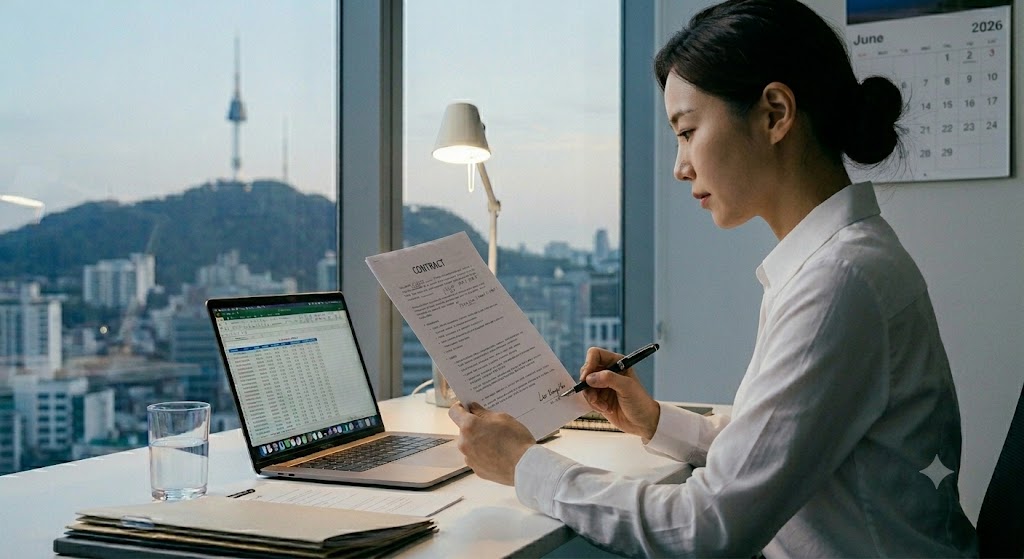 남산타워가 보이는 세련된 서울 오피스 창가 자리에서, 회색 정장 재킷을 입은 한국인 여성 직장인이 한 손에는 인쇄된 서류를 들고 다른 한 손으로는 노트북 화면을 진중한 표정으로 검토하고 있는 실사 사진. 배경 벽면에는 2026년 6월 달력이 걸려 있으며 전체적으로 신뢰감 있고 철두철미한 분위기임.