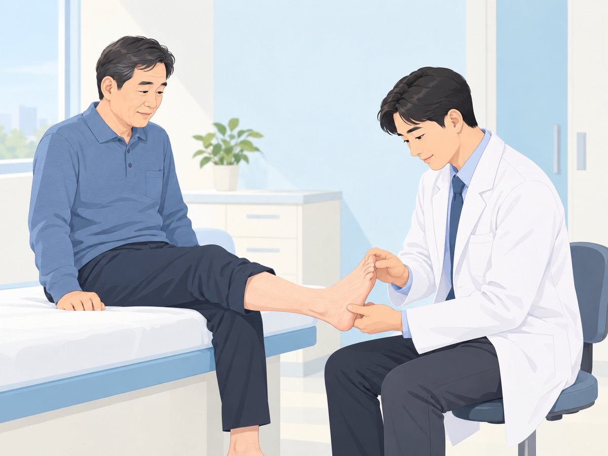 진료실에서 의사가 통풍이 의심되는 중년 남성의 발과 엄지발가락을 살펴보는 장면