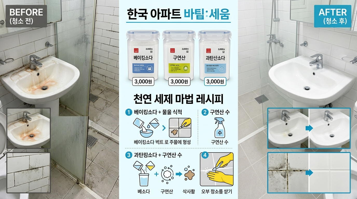 구연산과 과탄산소다를 활용해 물때 없이 깨끗하게 반짝이는 화장실 세면대와 수전의 모습