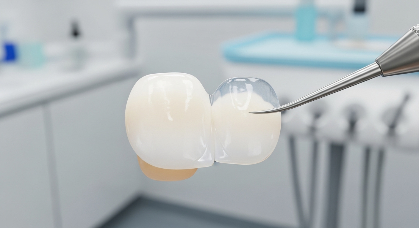 치아 표면에 얇은 세라믹 보철물을 정교하게 부착하는 치과 시술 장면. 섬세한 치아 성형 과정을 보여줍니다.