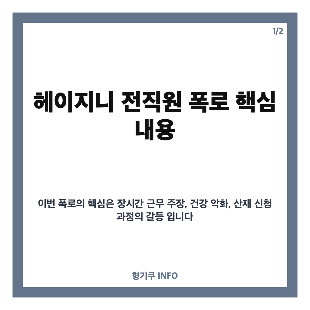 헤이지니 전직원 폭로, 하루 최대 16시간 근무&middot;산재 신청 관련 주장 정리 카드뉴스 1