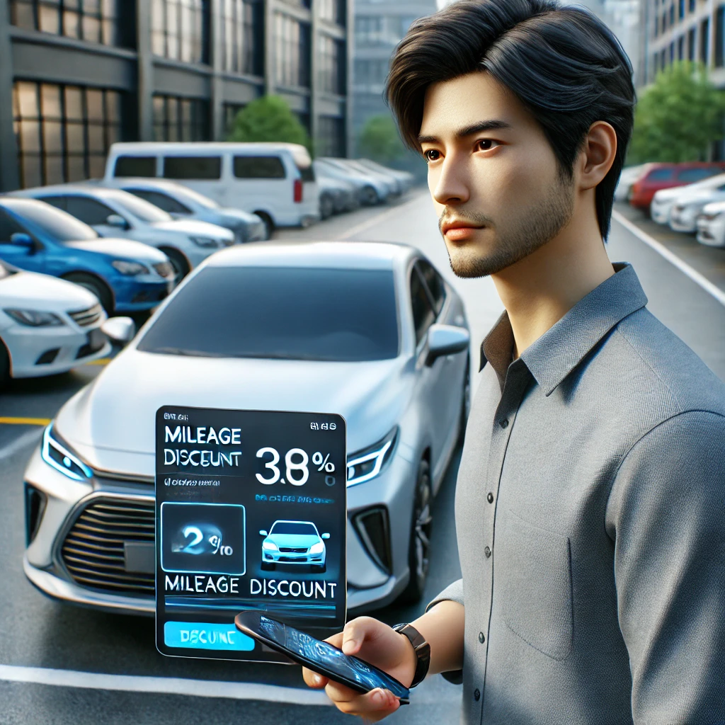 깨끗한 도시 주차장에서 자신의 차량 옆에 서서 스마트폰 화면을 보며 주행거리 할인 옵션을 확인하는 한국 운전자. 배경에는 다른 차량들이 보이며 운전자가 만족스러운 표정을 짓고 있음