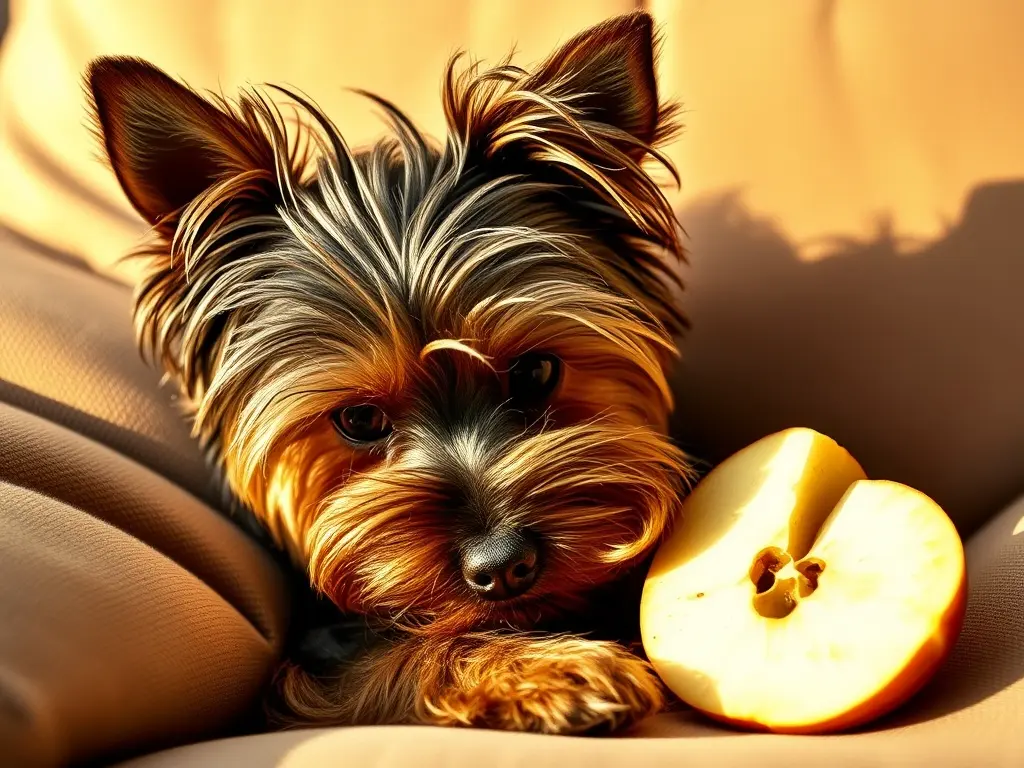 요크셔 테리어가 사과를 먹는 모습