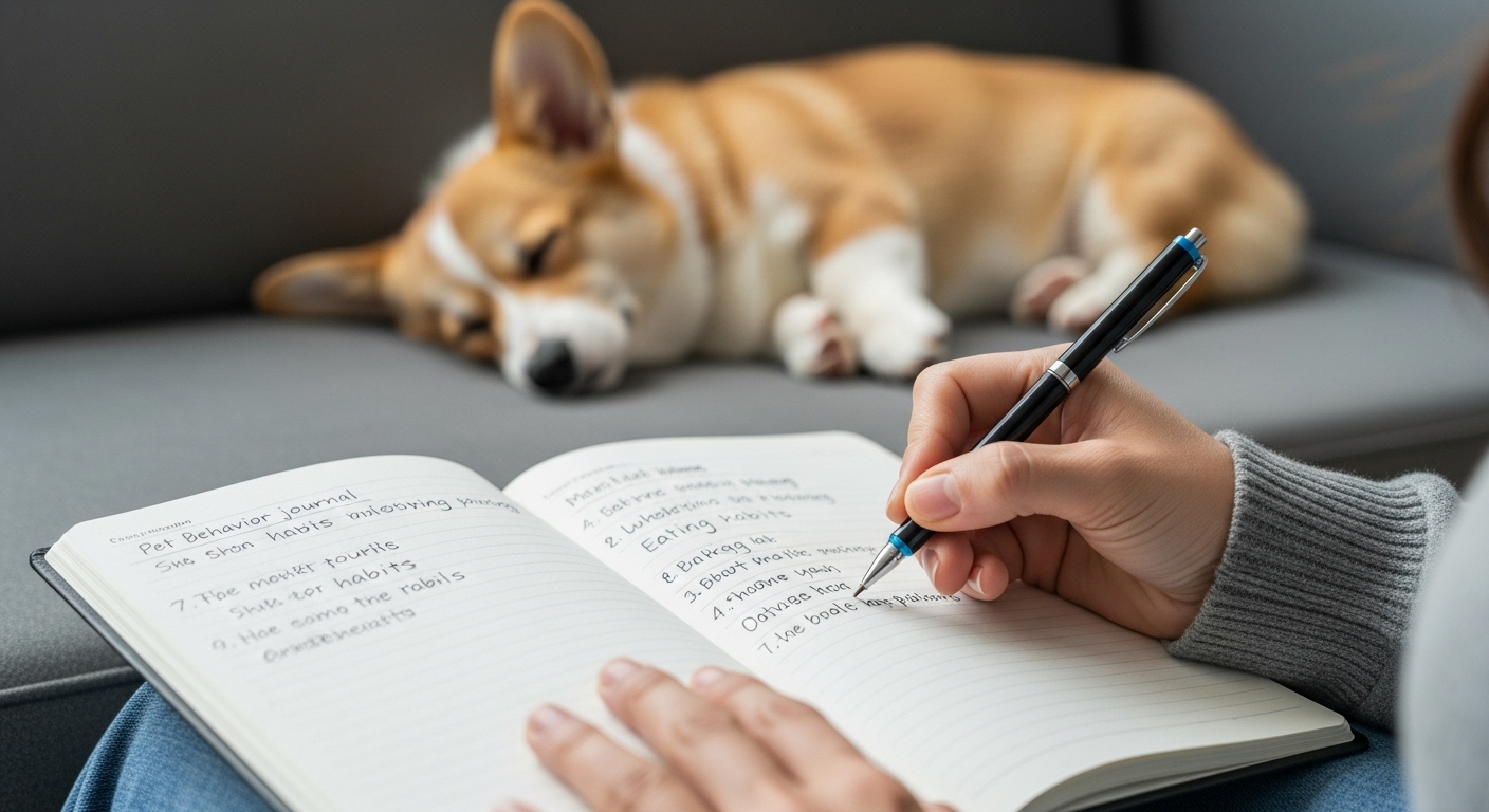 반려견의 행동 패턴을 파악하기 위해 행동 일지를 꼼꼼하게 작성하고 있는 모습