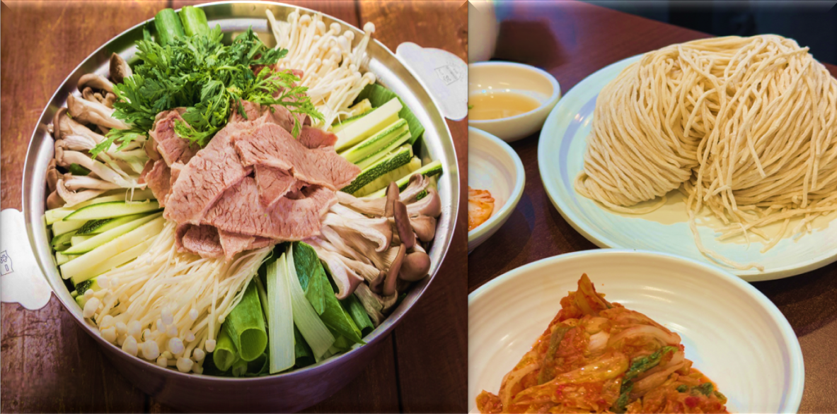 곰국-전골국수,-전골냄비에-가득-올려진-고기와-채소들,-그리고-그-옆에-콩가루가-들어간-생면