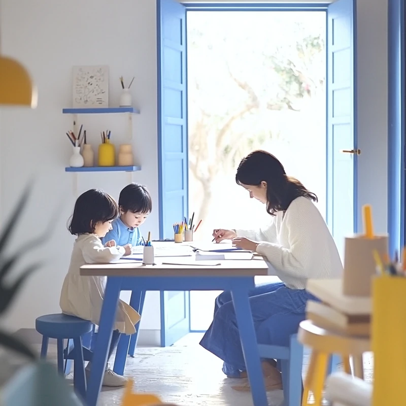 편안한 가정집에서 엄마가 자녀들이 노는 공간 옆에서 가족의 연금 ETF 투자와 장기 재무 목표를 메모하는 모습. 2025년 연금 ETF 추천, 가족 재무 계획, 맞춤형 연금 전략, 노후 준비, 재테크 실천 관련 키워드 자연스러운 장면에 사용