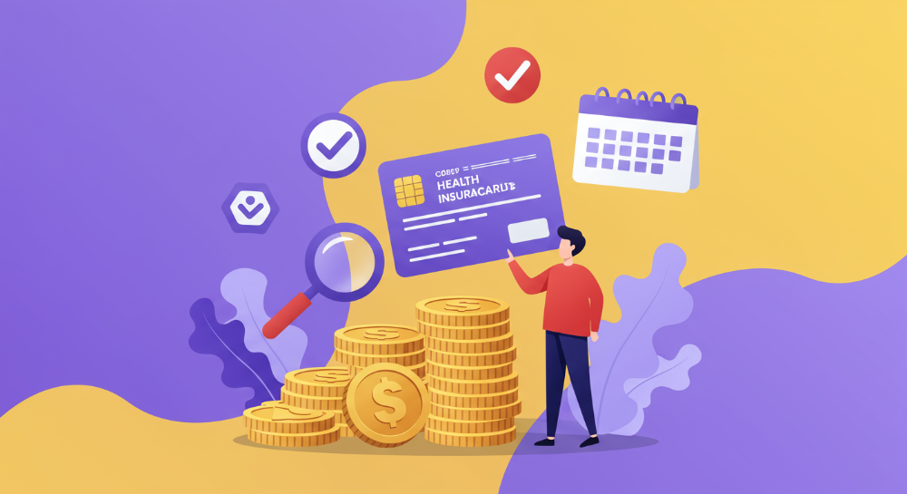 건강보험료 환급금을 상징하는 돈뭉치와 건강보험증이 놓여있고, 그 주변으로 조회, 신청, 기한 엄수를 나타내는 아이콘들이 보라색과 노란색 그라데이션 배경에 떠다니는 모습.