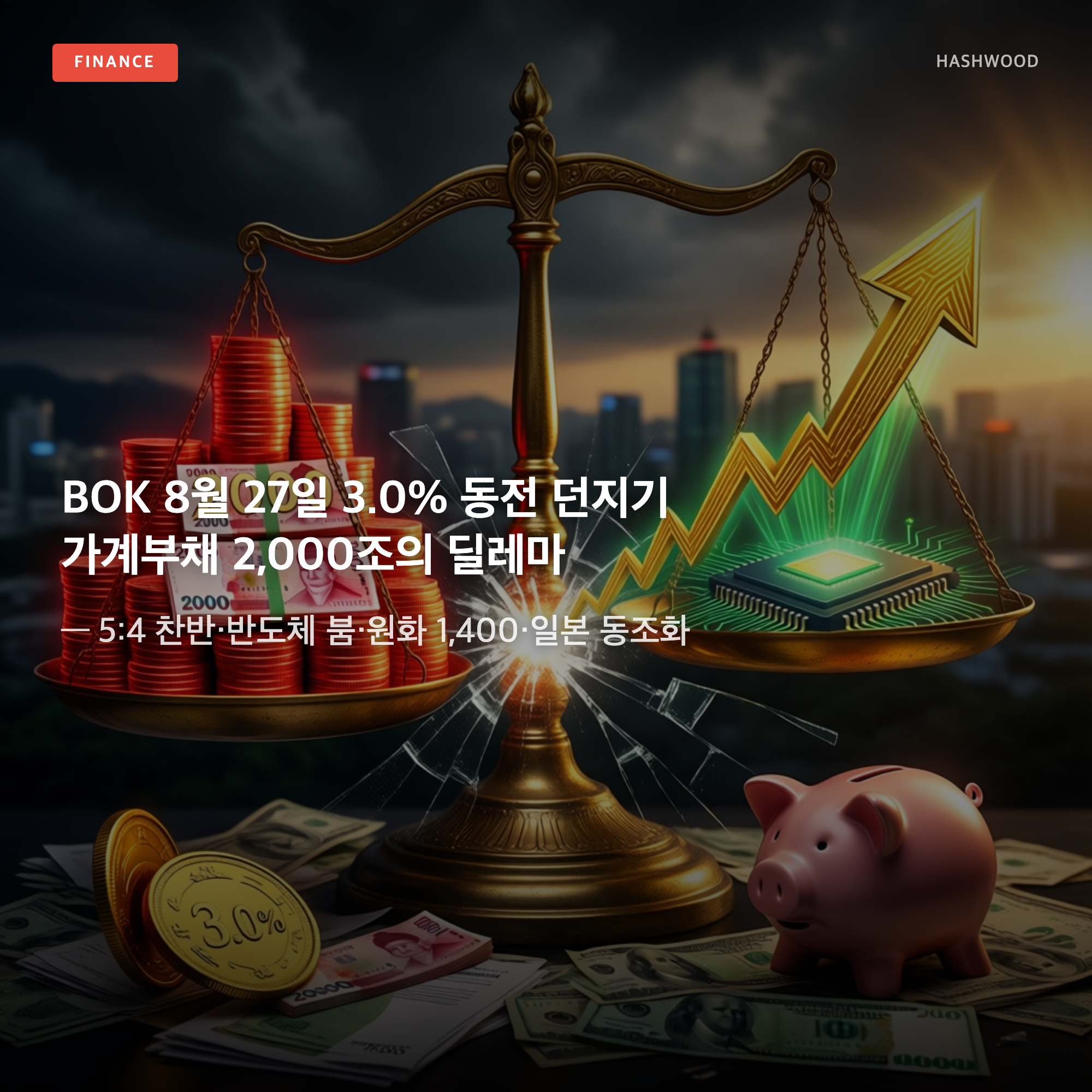 그림: BOK 8월 27일 3.0% 동전 던지기 가계부채 2,000조의 딜레마 — — 5:4 찬반·반도체 붐·원화 1,400·일본 동조화