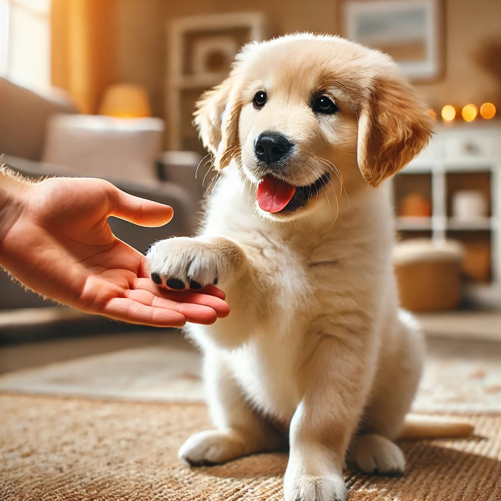 강아지가 사람 손에 손 올리고 있는 모습