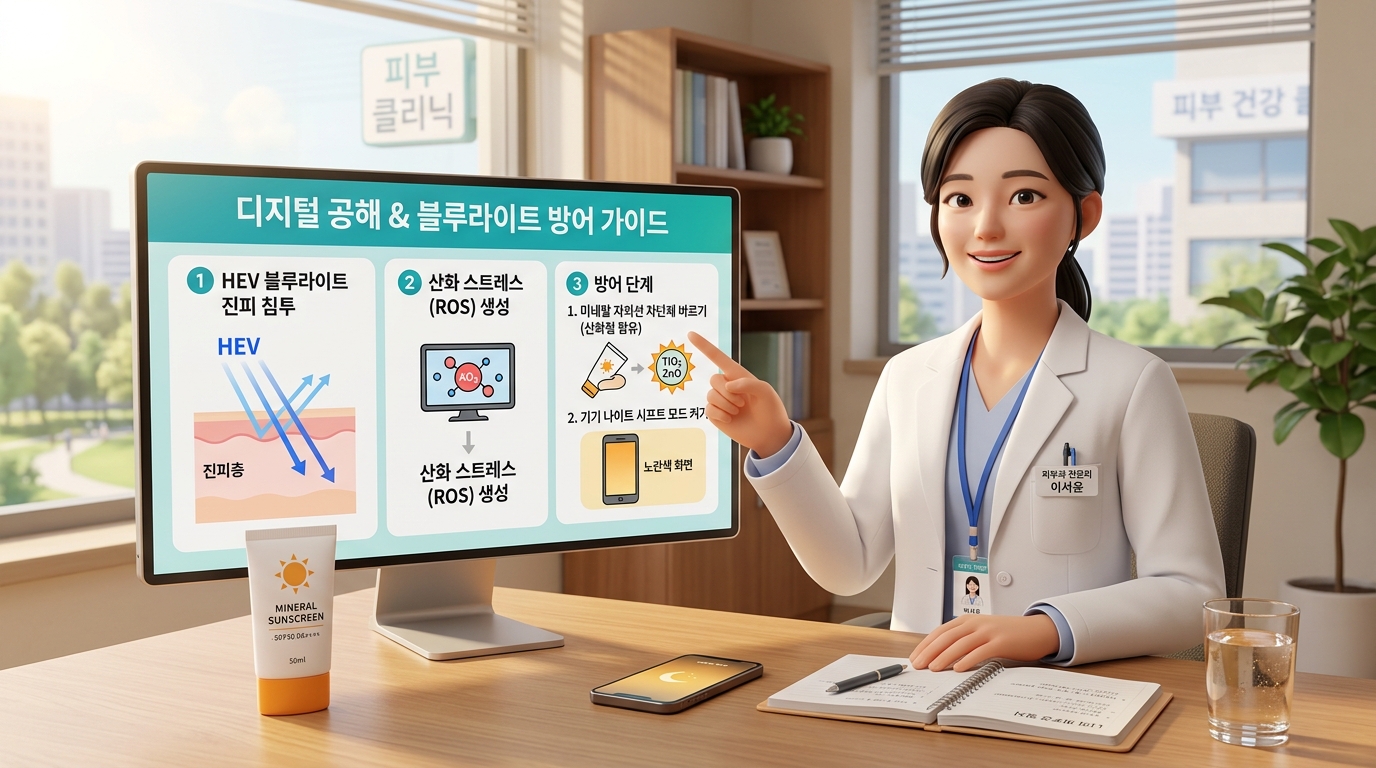 청정하고 세련된 분위기의 대학병원 피부과 진료실에서 보건 의학 전문가 선생님이 대형 인포그래픽 모니터를 가리키며 디지털 전자기기의 블루라이트 파장이 유발하는 진피층 콜라겐 와해 및 활성산소 폭발 생리학적 메커니즘을 조목조목 설명하고, 디지털 폴루션(Blue Light) 차단 관리 수칙과 스마트폰과 모니터 빛이 피부 노화에 미치는 영향에 대한 정답으로 기기 야간 모드 전환, 무기자차 산화철 차단제 도포 및 항산화 케어 행동 수칙을 환자에게 다정하게 안내해 주는 현대적이고 깔끔한 3D 렌더링 이미지.