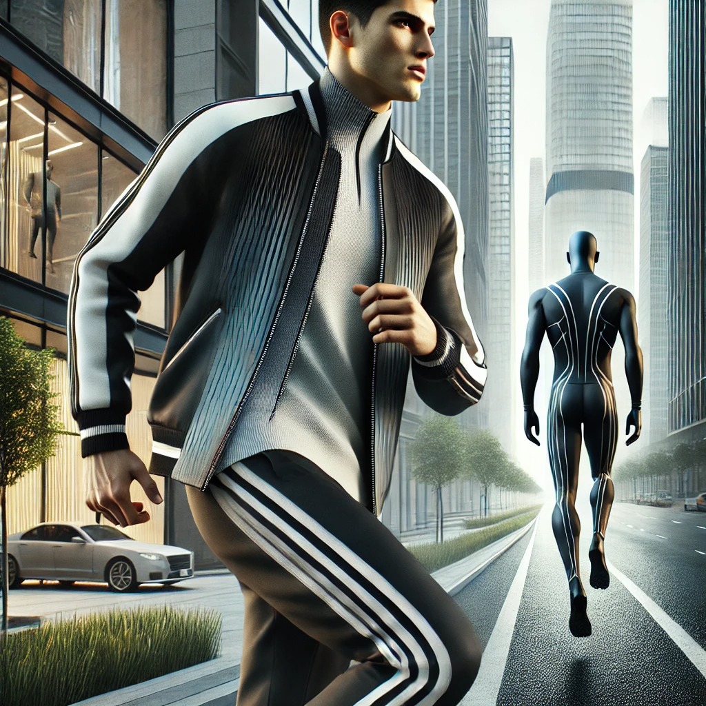 올림픽 유니폼에서 영감을 받아 스포츠웨어 요소와 클래식한 테일러링을 혼합하는 트렌드를 강조한 이미지입니다. 이 룩은 운동 기능성과 세련되고 일상적인 도시적 스타일을 결합합니다