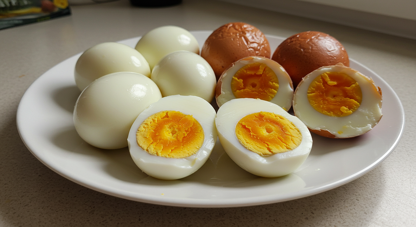 주방 테이블 위, 삶은계란과 구운계란이 나란히 놓인 접시.