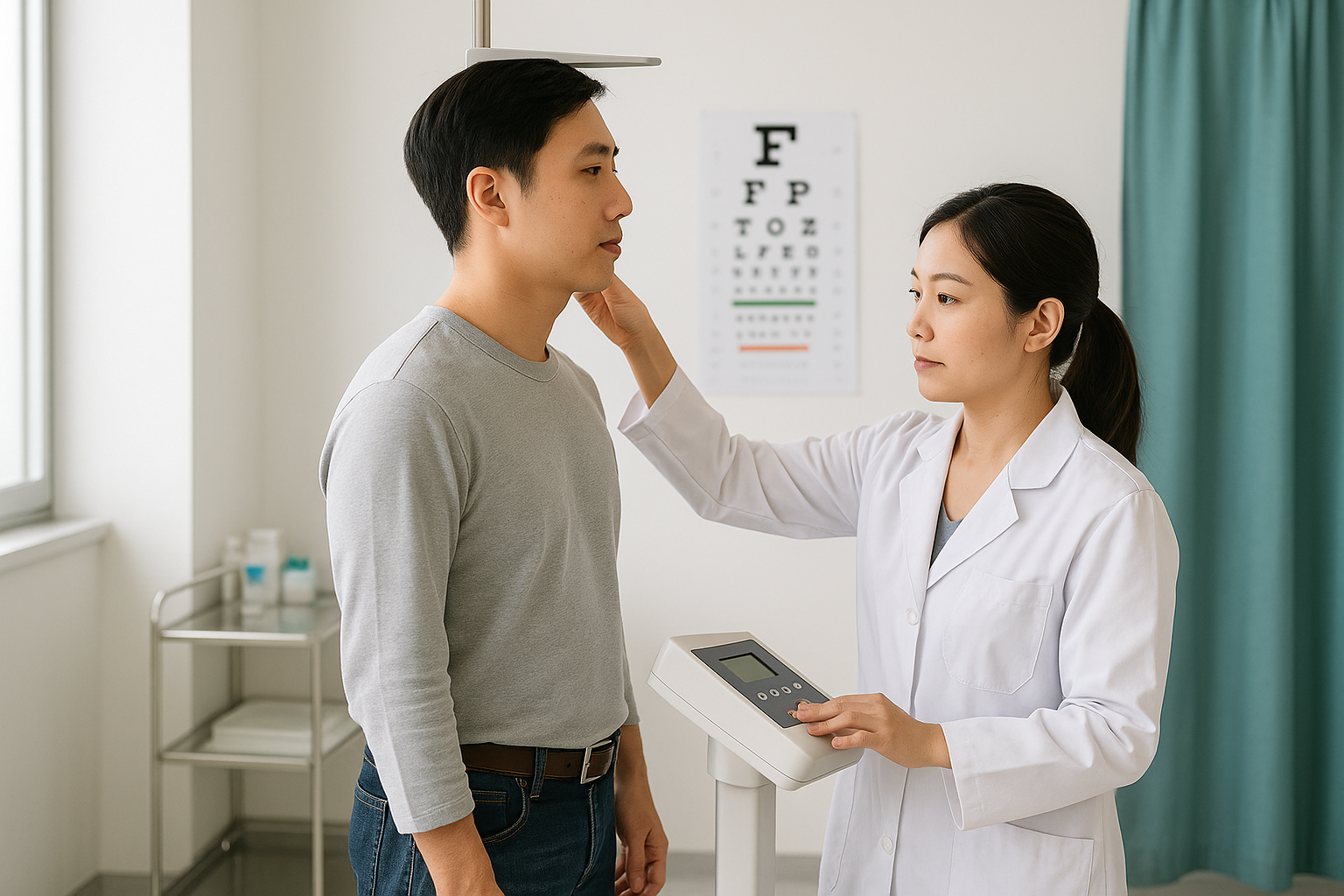 병원 내 키와 체중을 측정하는 일반 성인의 건강검진 장면