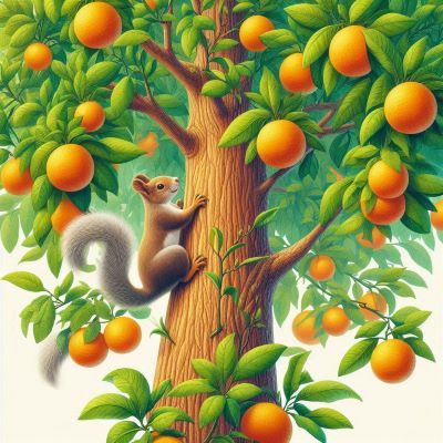 감귤나무위로 다람쥐가 올라가고 있다