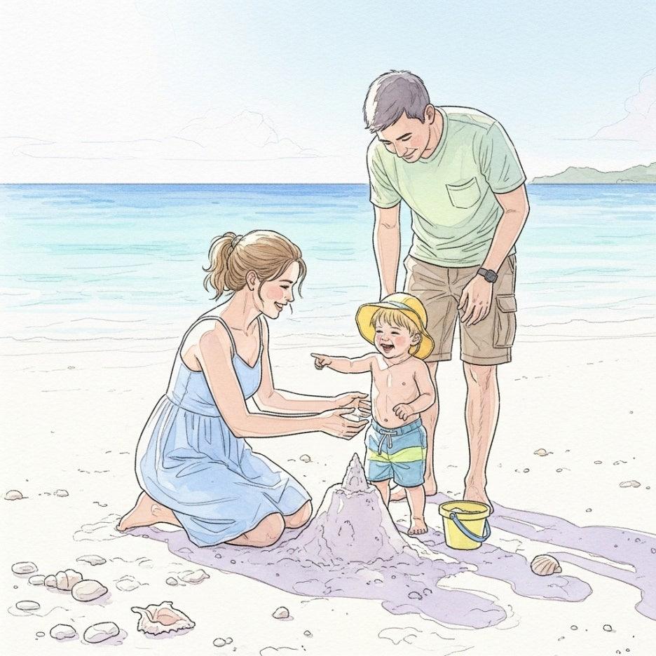 해변에서 모래놀이를 즐기는 화목한 가족