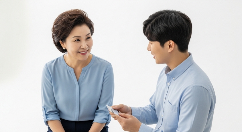 카드사 직원에게 설명 듣는 중년 여성