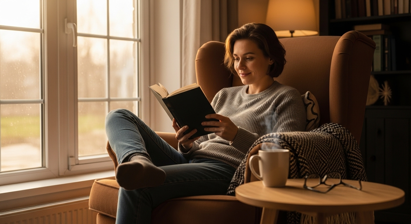 편안한 의자에 앉아 따뜻한 음료를 마시며 종이책을 읽는 사람.