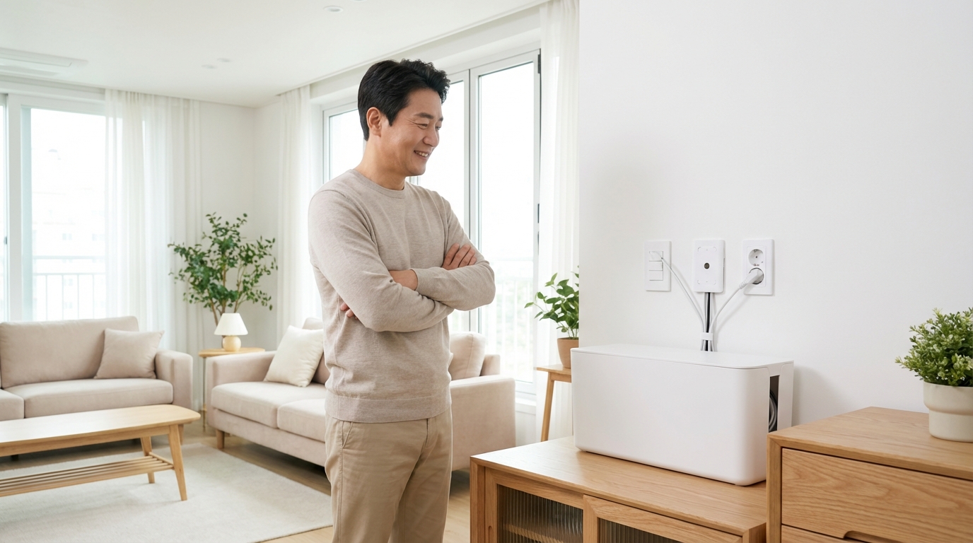 깔끔하게 정리된 멀티탭을 보며 안심하는 표정의 한국인 중년 남성