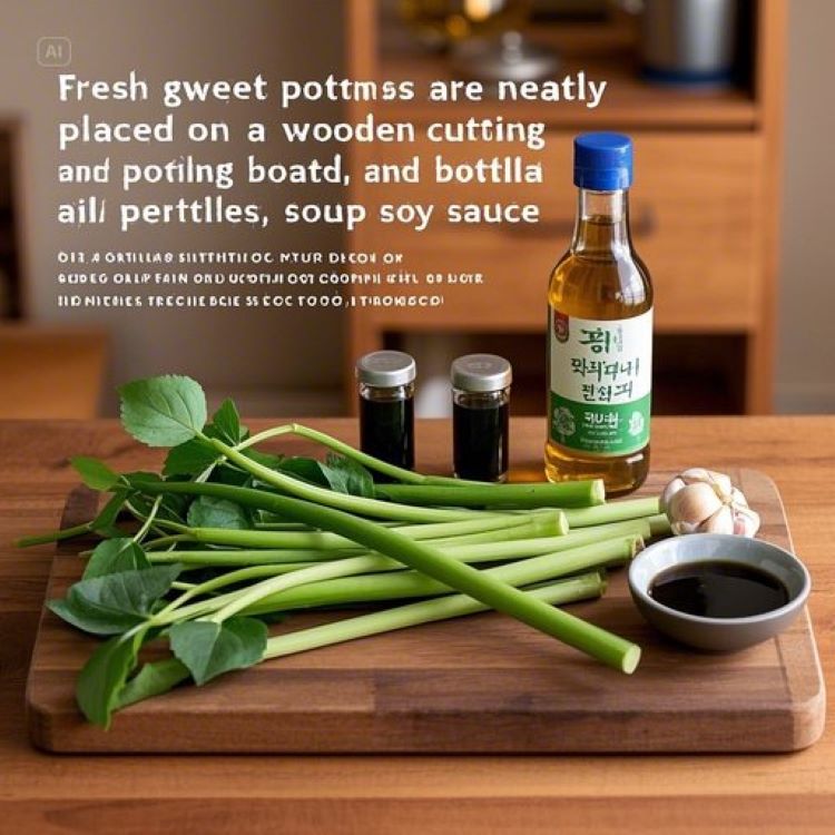 신선한 초록색 고구마줄기가 나무 도마 위에 정갈하게 놓여있고, 옆에는 들기름 병과 국간장, 다진마늘이 작은 그릇에 담겨있는 모습. 배경은 따뜻한 톤의 주방 분위기로 자연광이 은은하게 들어오는 아늑한 한식 요리 준비 장면