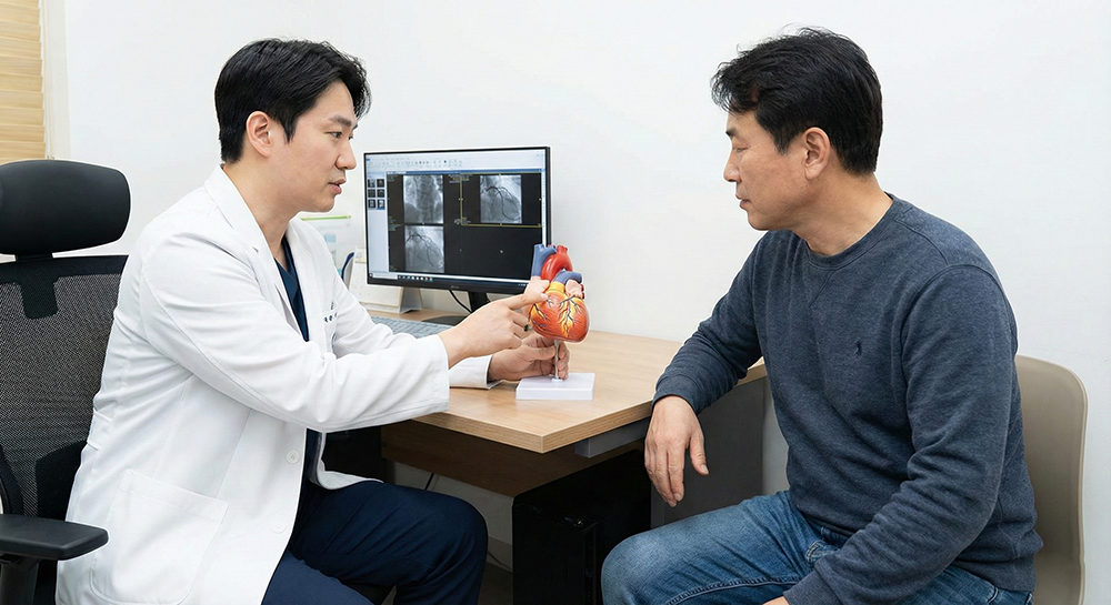 급성 심근경색 정의, 의사 설명, 심장 해부도 모형, 관상동맥 폐쇄, 심장 근육 괴사, 심혈관 질환 진단