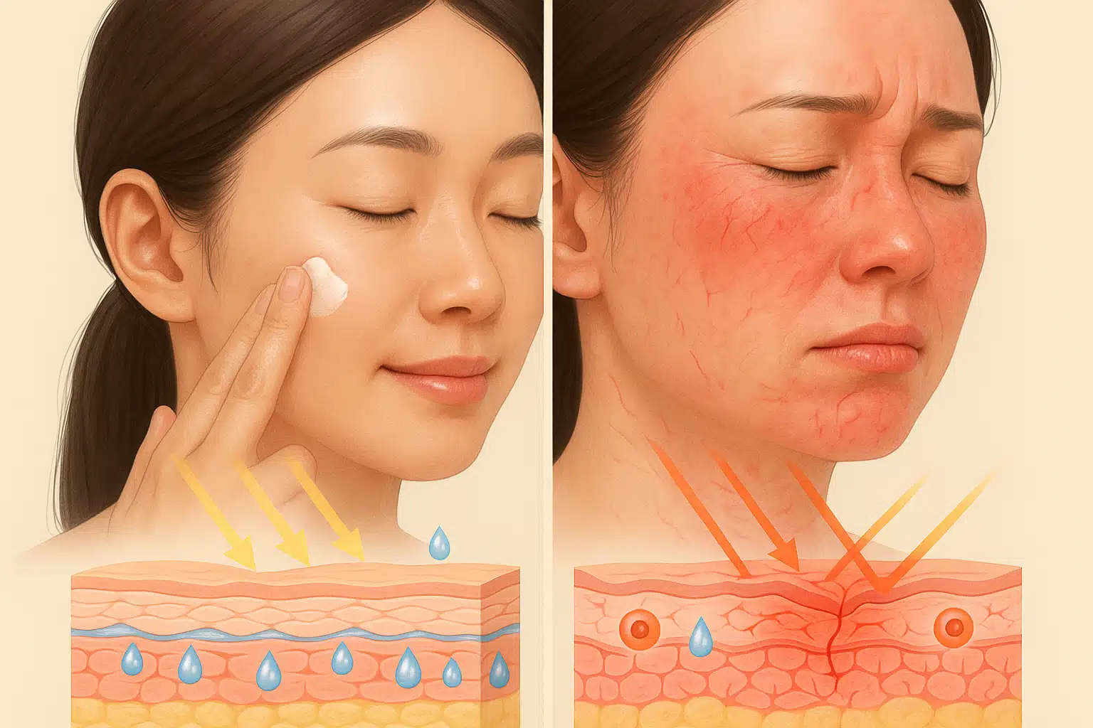 수분이 충분한 피부와 건조한 피부의 자외선 반응 차이 &ndash; 건조한 피부가 더 쉽게 붉어지고 손상되는 장면