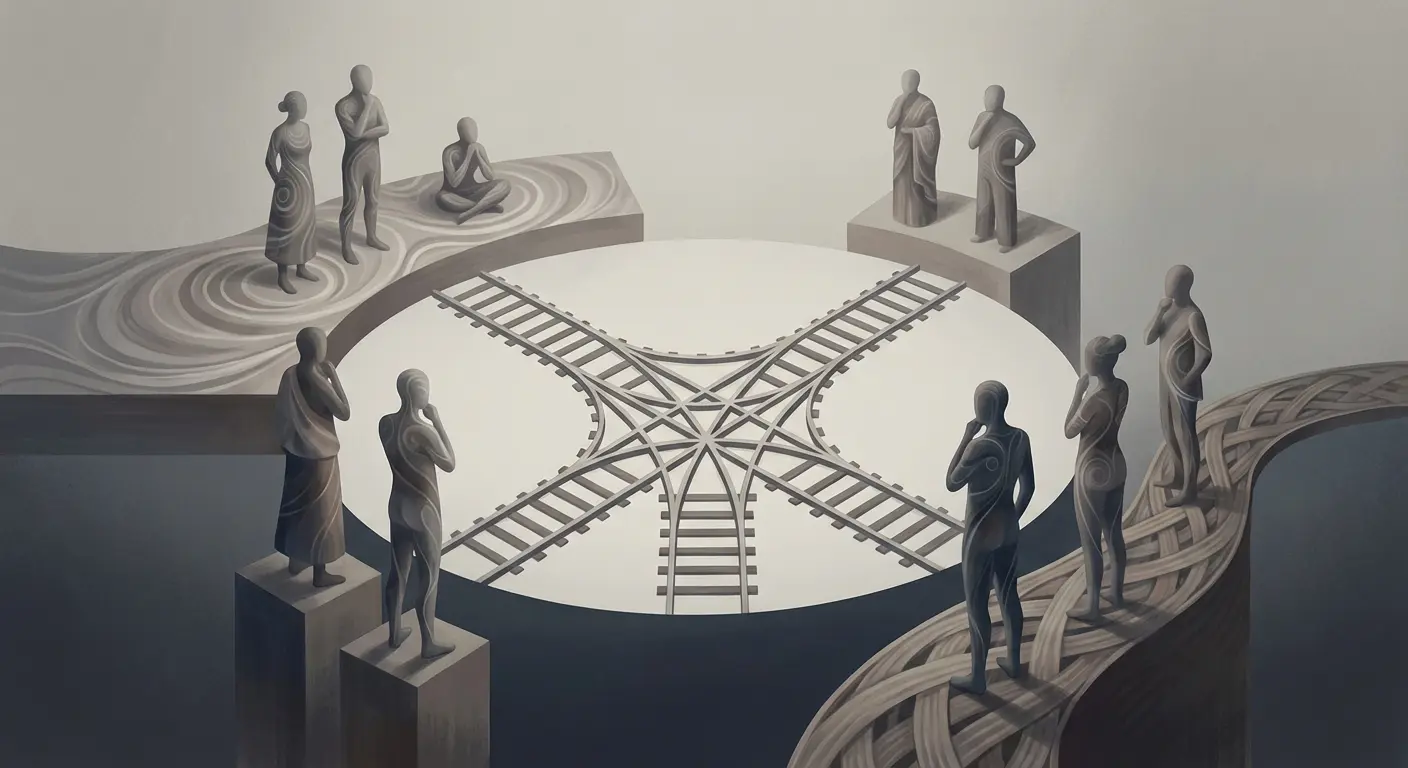 An illustration showing the trolley problem interpreted differently across cultures, with diverse perspectives observing the same dilemma