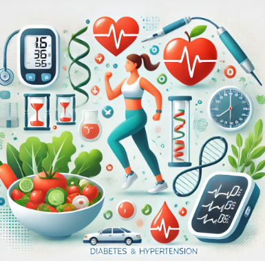 당뇨와 고혈압 관리를 위한 건강한 식단, 운동, 그리고 의료 기기를 포함한 시각적인 자료
