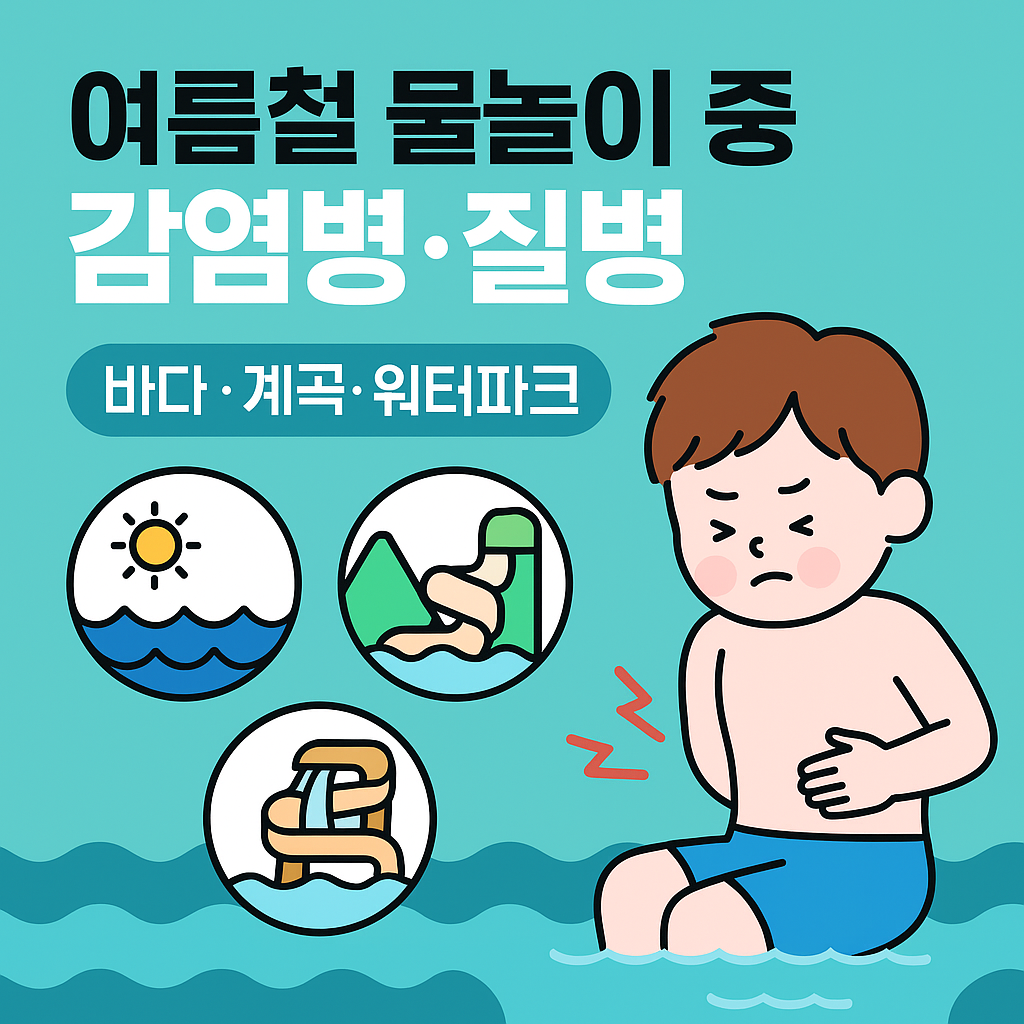여름철 물놀이 질병 주의사항 강조 썸네일 (바다·계곡·워터파크 통합 이미지, 안전 경고 느낌)