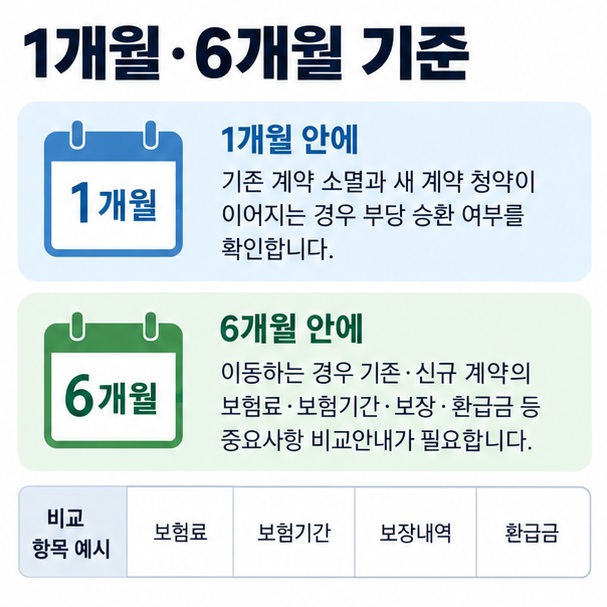 보험 승환계약에서 1개월 기준과 6개월 비교안내 기준을 달력으로 보여주는 이미지
