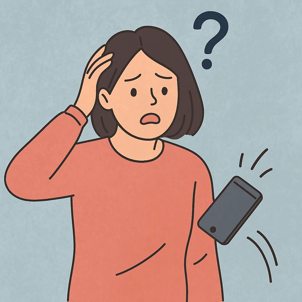 스마트폰을-떨어뜨리는-순간-당황하는-여성과-머리위의-물음표가-표현된-일러스트로-일시적-주의력-저하나-심리상태를-암시함