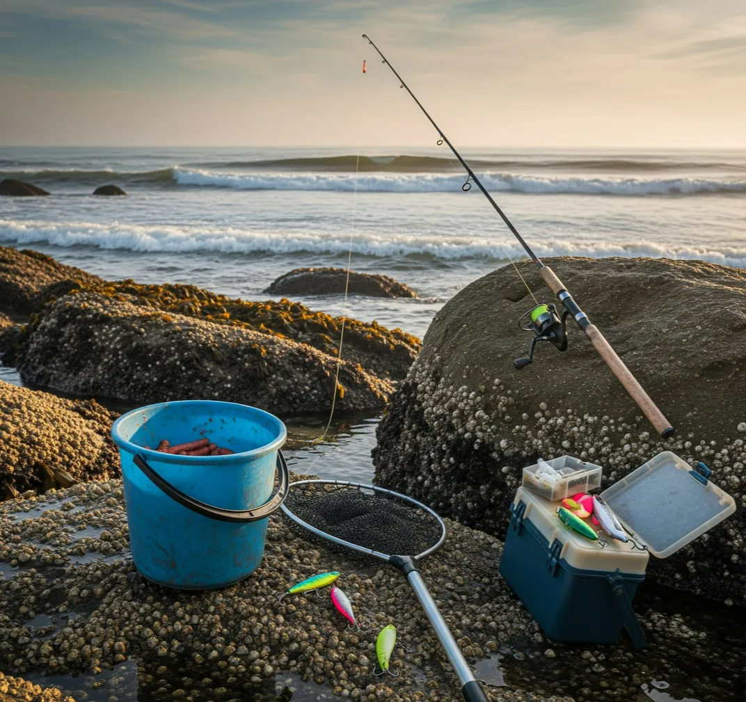 갯바위 위에 세팅된 낚시장비와 미끼