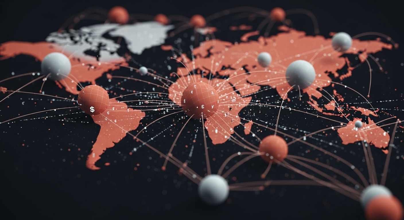 전 세계 국가들이 경제적으로 연결되어 있음을 보여주는 추상적인 디지털 네트워크 이미지.