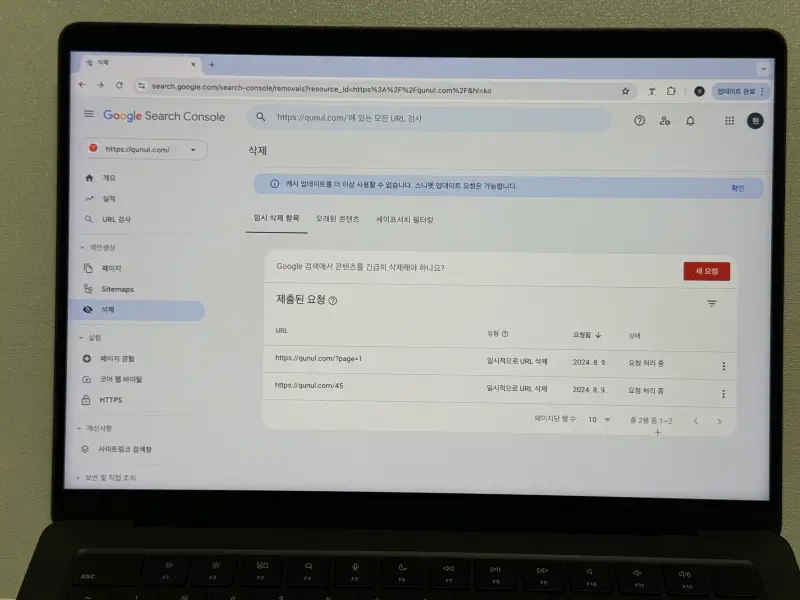 구글 서치콘솔 임시 삭제 항목 제출된 요청 화면 사진