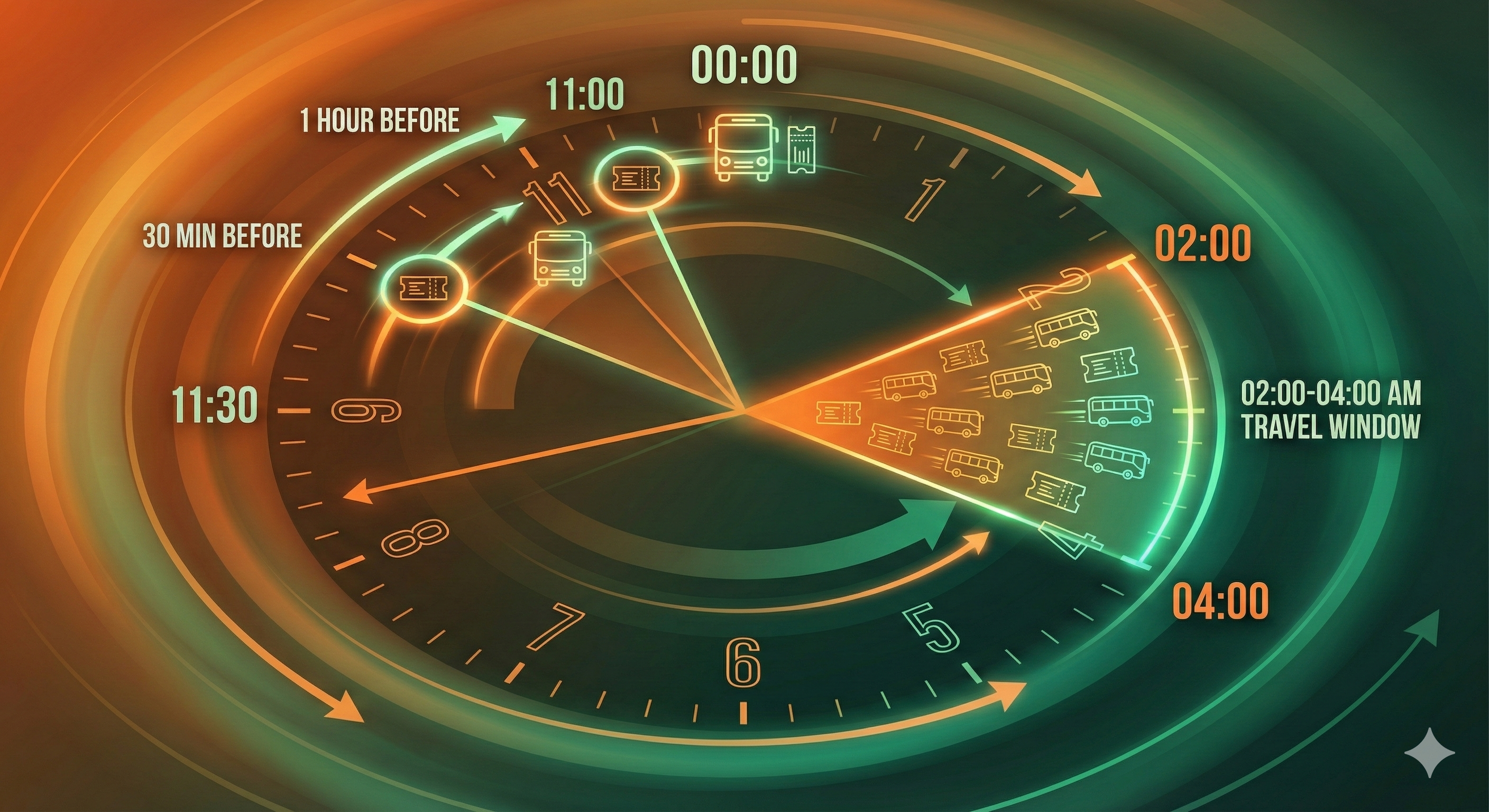 자정, 출발 1시간 전, 30분 전 등 고속버스 취소표가 잘 나오는 마법의 시간들을 나타내는 시계와 버스 아이콘.