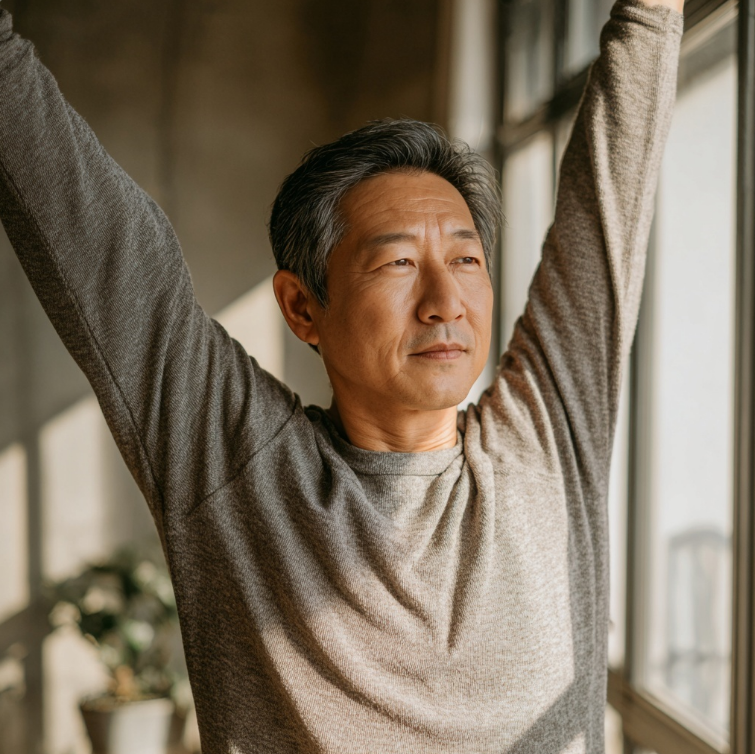 어깨 스트레칭중인 노인 남성