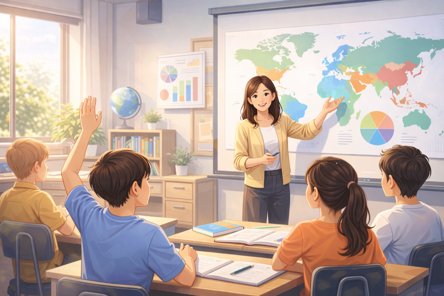 학교에서 수업 하고 있는 교사 모습