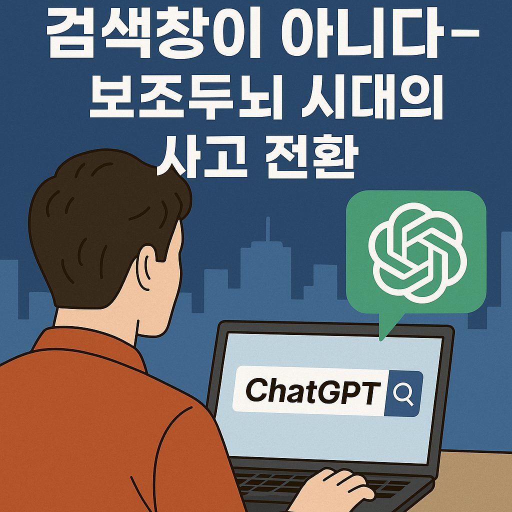 ChatGPT를 사용하는 남성의 뒷모습과 '검색창이 아니다 – 보조두뇌 시대의 사고 전환'이라는 문구가 있는 일러스트 이미지