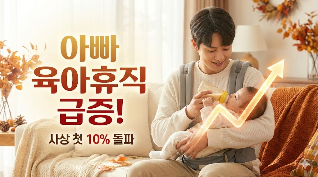 아기를 돌보는 행복한 아빠의 모습과 육아휴직 증가 그래프를 합성한 이미지