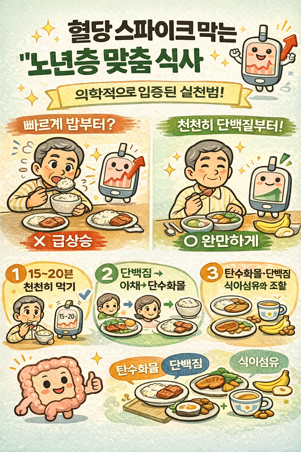 혈당 스파이크를 막는 노년층 맞춤 식사 속도&middot;순서&middot;조합 전략