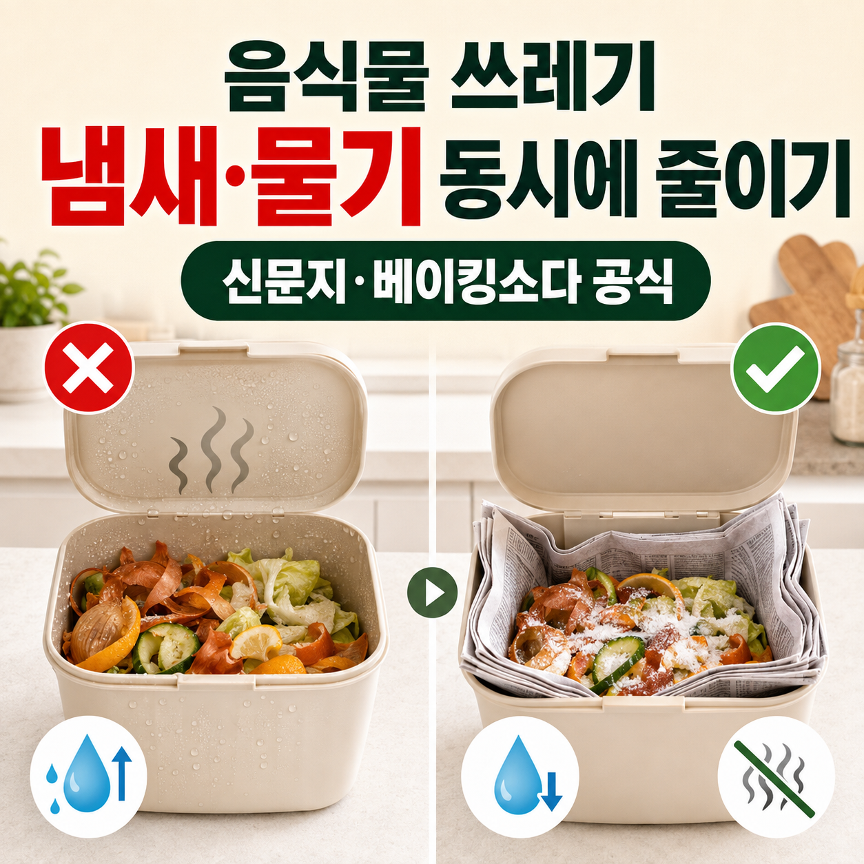 음식물 쓰레기 냄새와 물기를 동시에 줄이는 방법 (신문지·베이킹소다 공식)