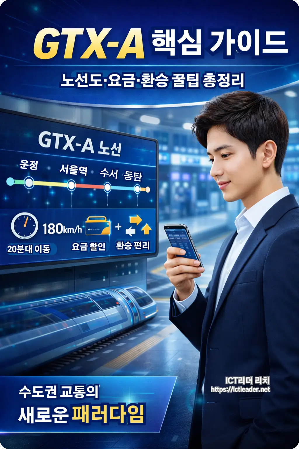 GTX-A 운행 정보와 시간 단축 효과를 설명하는 남성 중심 인포그래픽