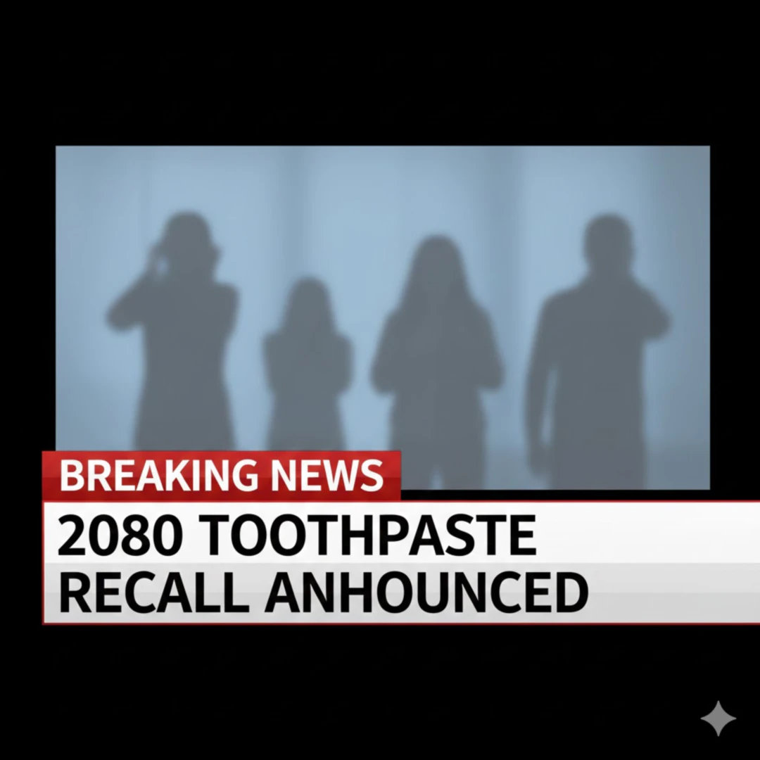 TV 뉴스 채널 화면을 연상시키는 디자인으로, '긴급 속보', '2080치약 리콜 발표' 등의 문구가 헤드라인으로 크게 표시됩니다. 배경에는 불안해하는 소비자의 실루엣이 희미하게 보이게 하여 사안의 시급성을 강조합니다.