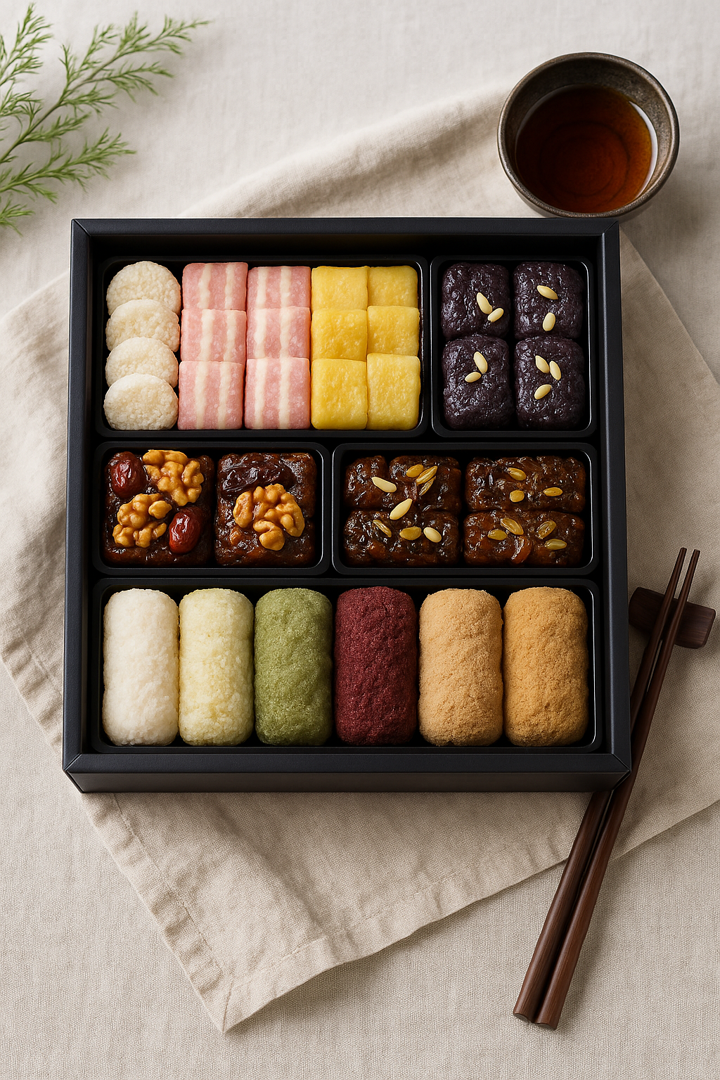 알록달록한 떡편이 층층이 담긴 전통 떡 선물 세트 이미지