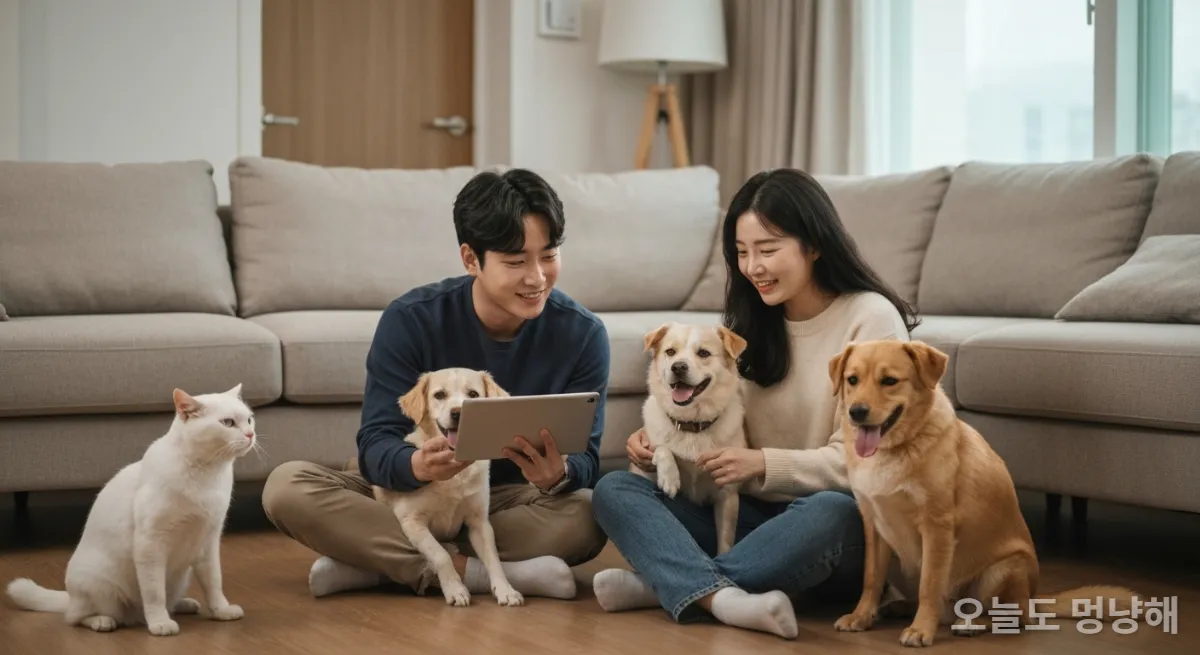 반려동물 건강식품을 함께 검색하는 한국인 커플과 반려동물들