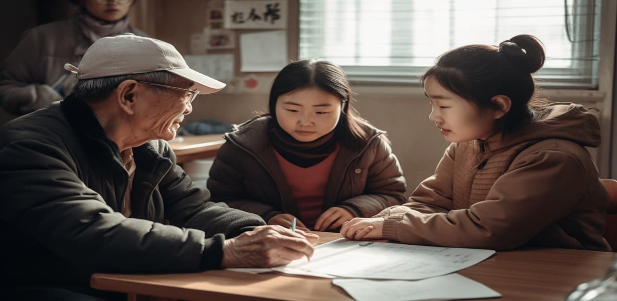 "무료 건강검진을 신청하는 어르신과 자원봉사자"