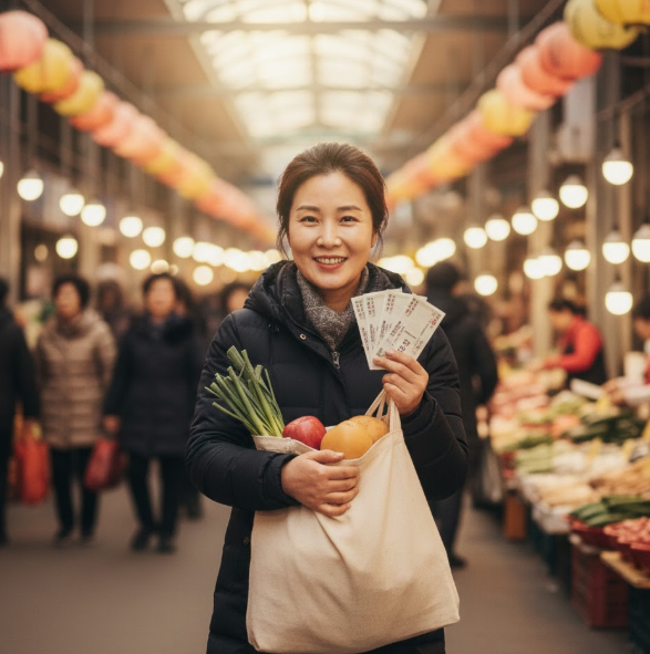 전통시장 온누리상품권 사용하는 행복한 주부의 모습