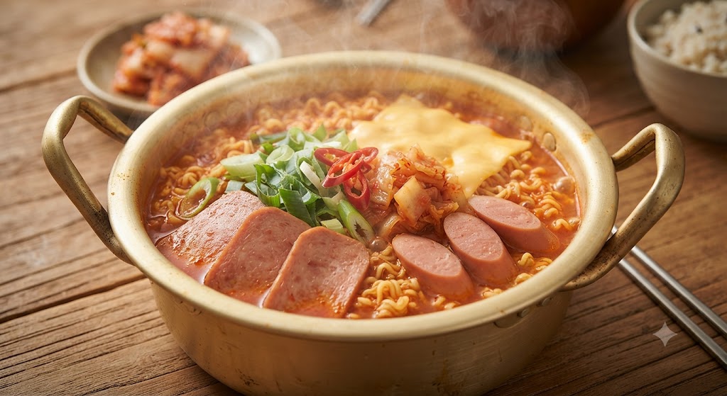 Captures the heartiest, most appetizing moment where Budae-jjigae (army stew) meets ramyeon, Korea's ultimate soul food. Bubbling in a traditional brass pot (yangun-냄비), spicy ramyeon is topped with thick slices of Spam, Vienna sausages, well-aged kimchi, and a crowning half-melted slice of cheese that adds creaminess. Garnished generously with chopped green onions and spicy Cheongyang peppers, it is an irresistible visual. It portrays a warm, cozy Korean home-style atmosphere with rising steam.