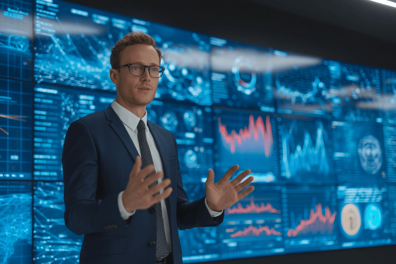 차트-스크린-앞에서-설명중인-남자-이미지